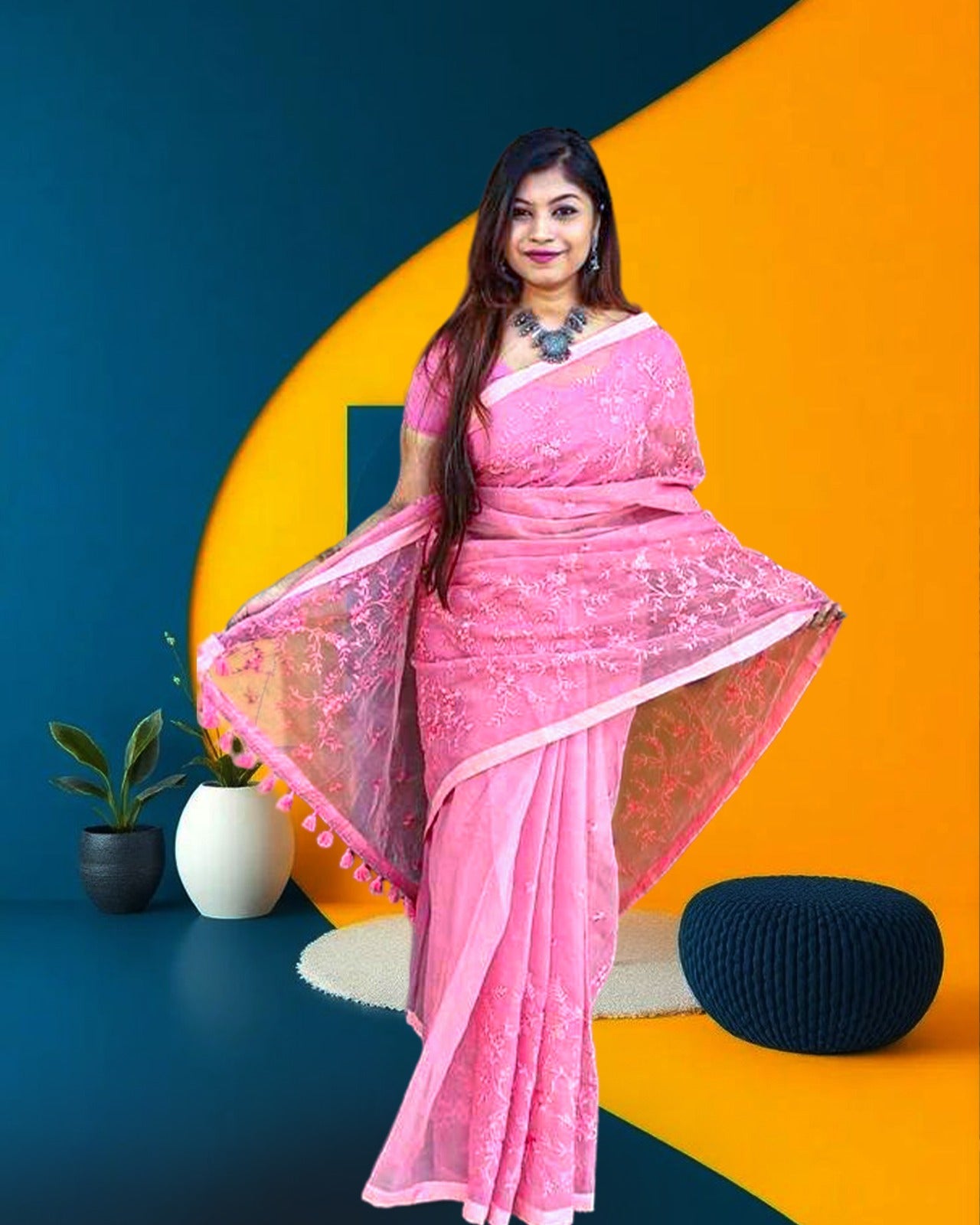 Half Silk Embroidered Saree