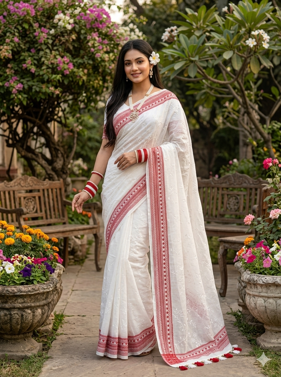 Embroidery Saree-E-white red