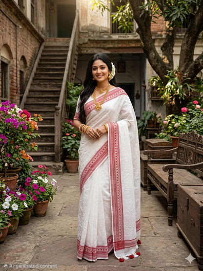 Embroidery Saree-E-white red