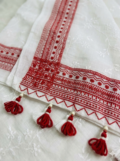 Embroidery Saree-E-white red
