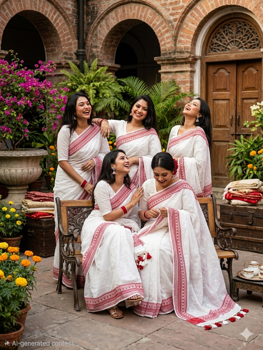 Embroidery Saree-E-white red