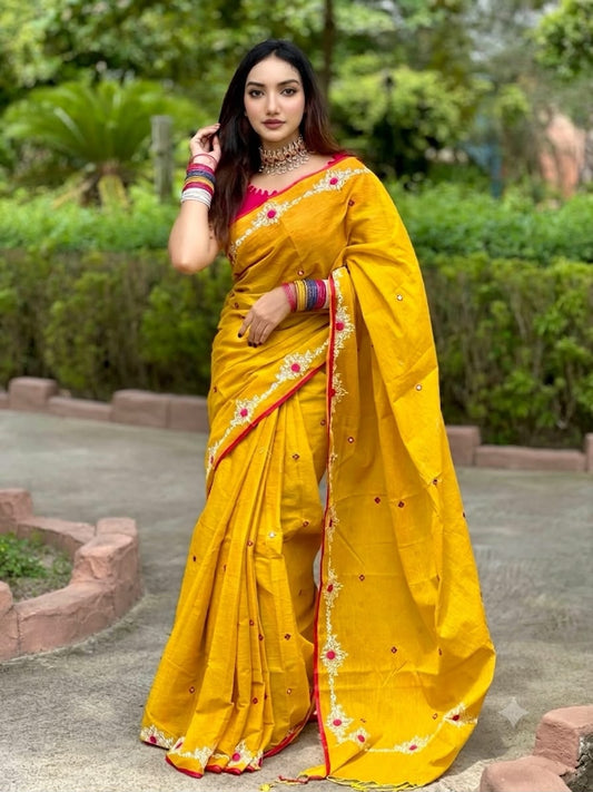 Semi mosline block & mirror work-Mustard alpona